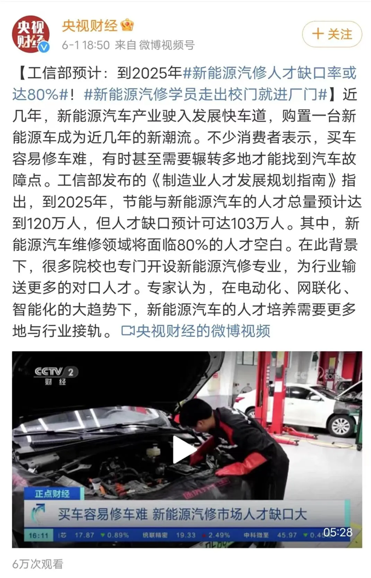 到2025年，新能源汽修人才缺口率达80%​，风口行业，就业前景更加可观！
